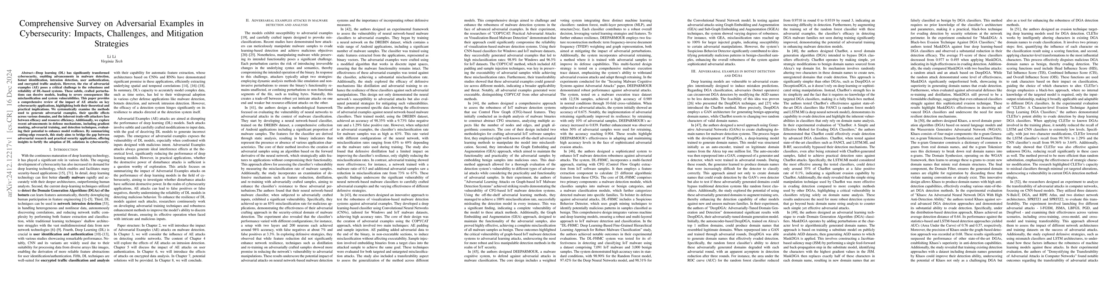 Thumbnail for Comprehensive Survey on Adversarial Examples in Cybersecurity: Impacts,
  Challenges, and Mitigation Strategies