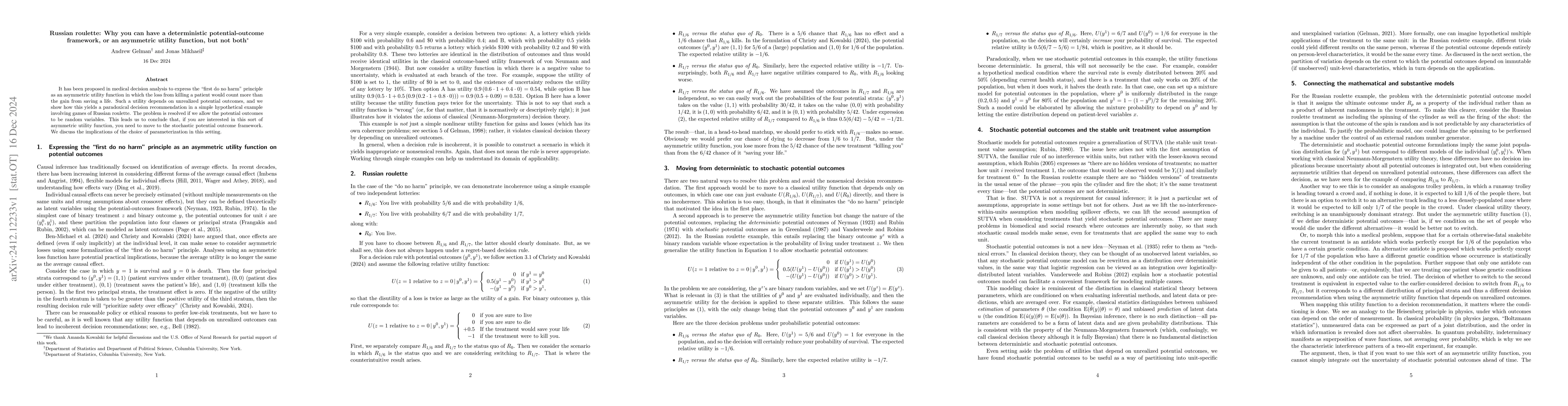Thumbnail for Russian roulette: Why you can have a deterministic potential-outcome
  framework, or an asymmetric utility function, but not both
