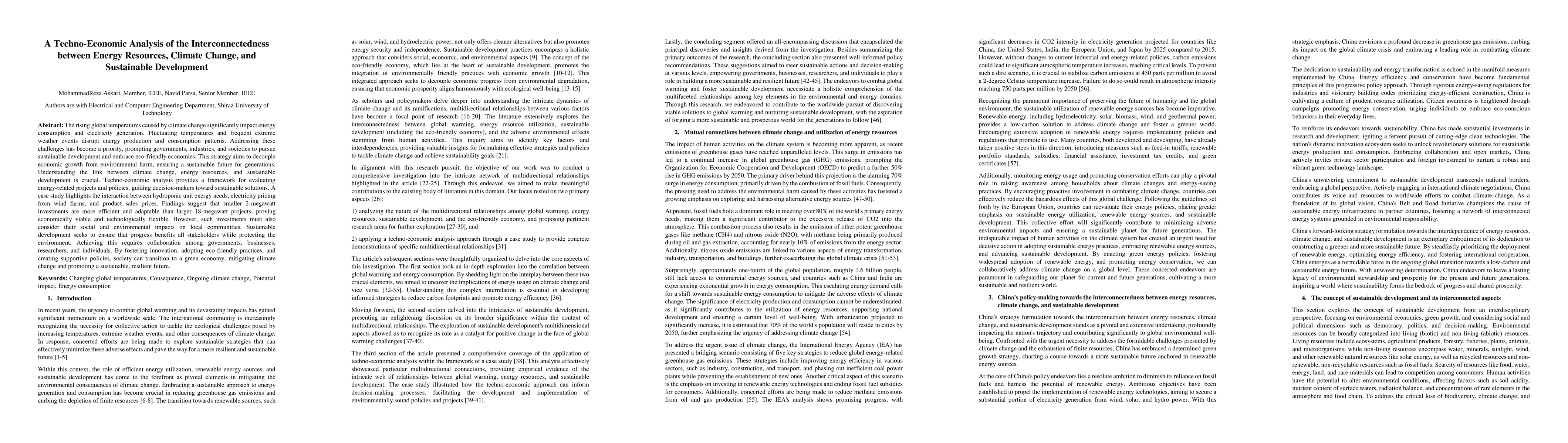 Thumbnail for A Techno-Economic Analysis of the Interconnectedness between Energy
  Resources, Climate Change, and Sustainable Development