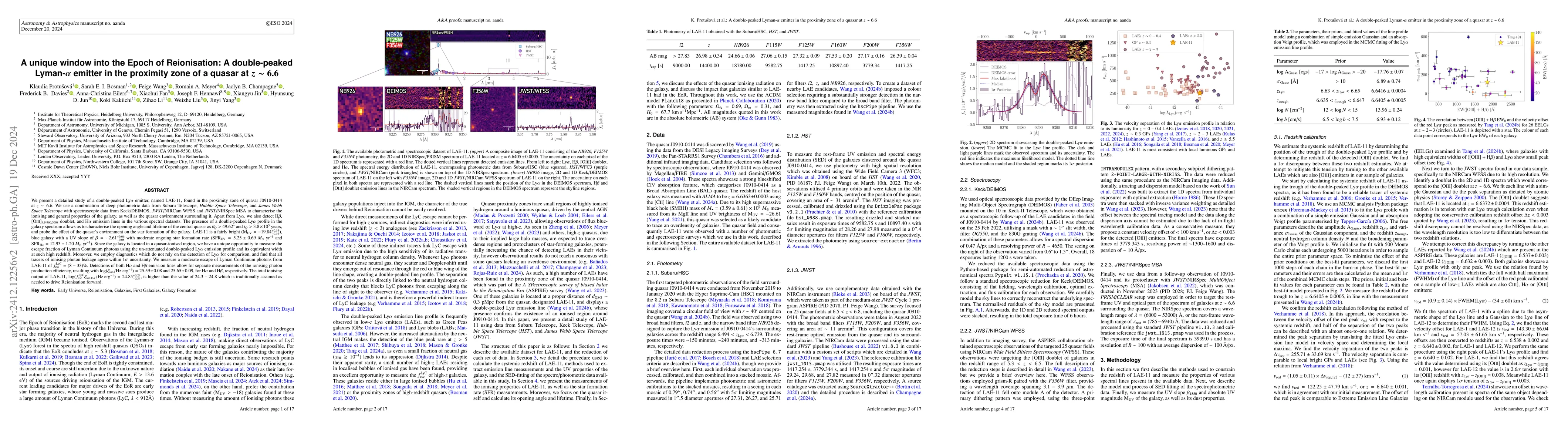 Thumbnail for A unique window into the Epoch of Reionisation: A double-peaked
  Lyman-$α$ emitter in the proximity zone of a quasar at $z\sim 6.6$