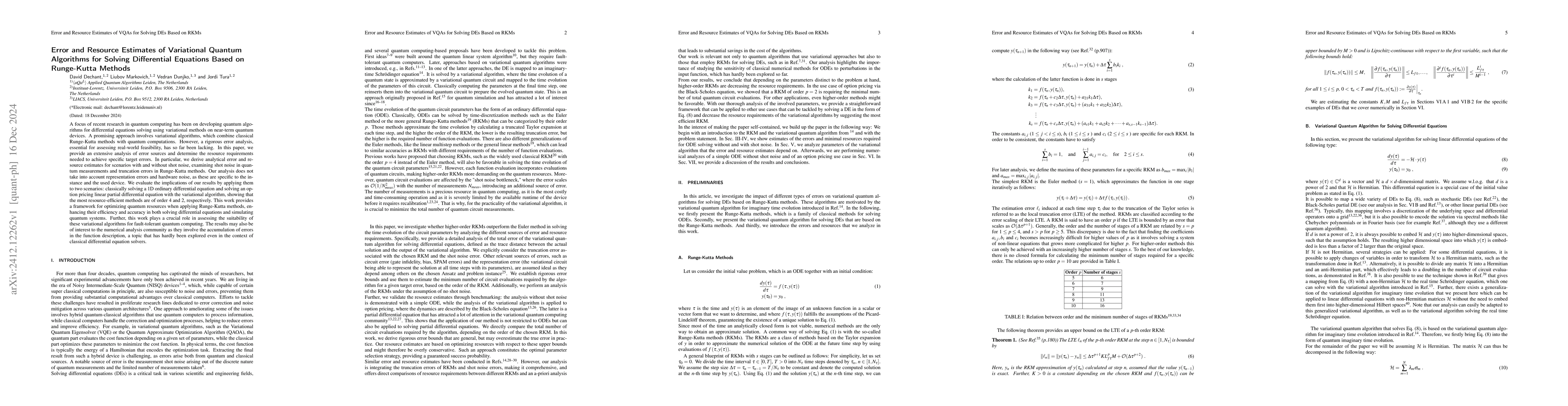 Thumbnail for Error and Resource Estimates of Variational Quantum Algorithms for
  Solving Differential Equations Based on Runge-Kutta Methods