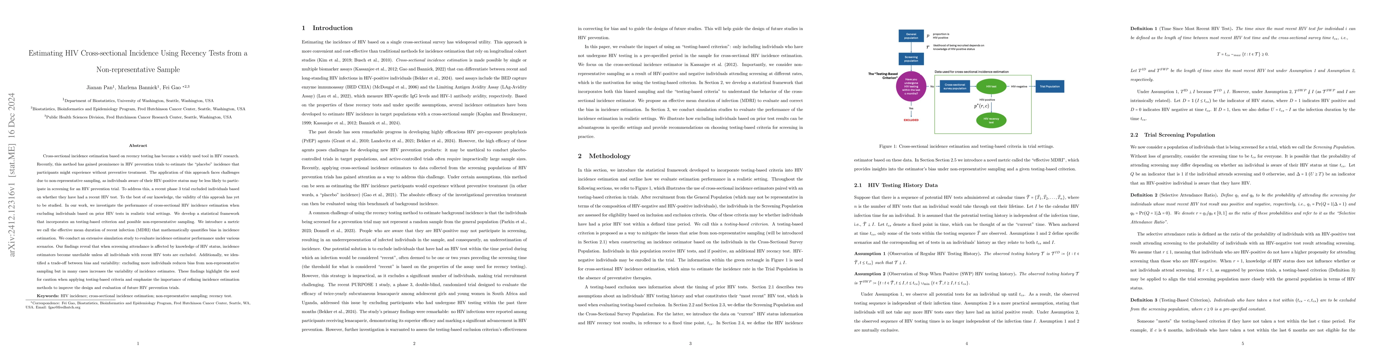 Thumbnail for Estimating HIV Cross-sectional Incidence Using Recency Tests from a
  Non-representative Sample