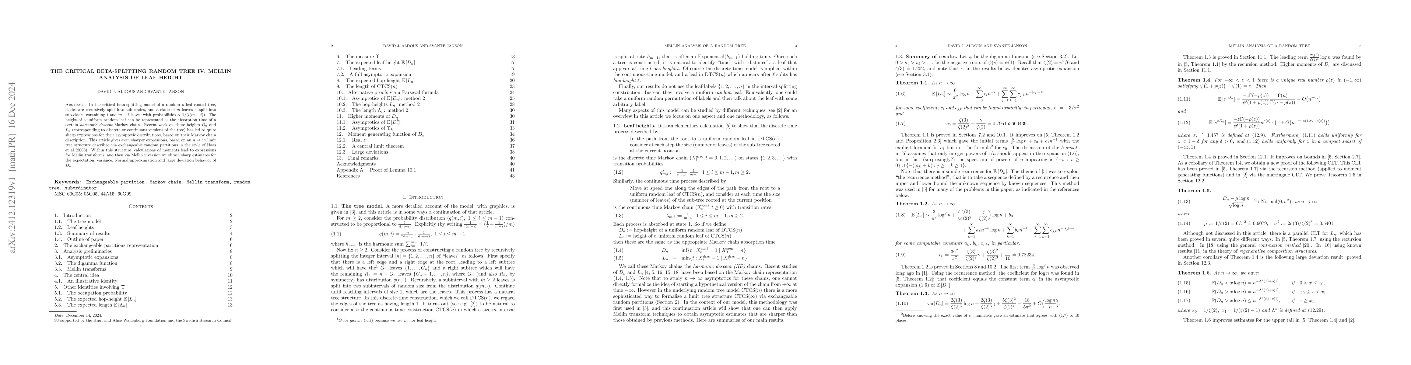 Thumbnail for The Critical Beta-splitting Random Tree IV: Mellin analysis of Leaf
  Height