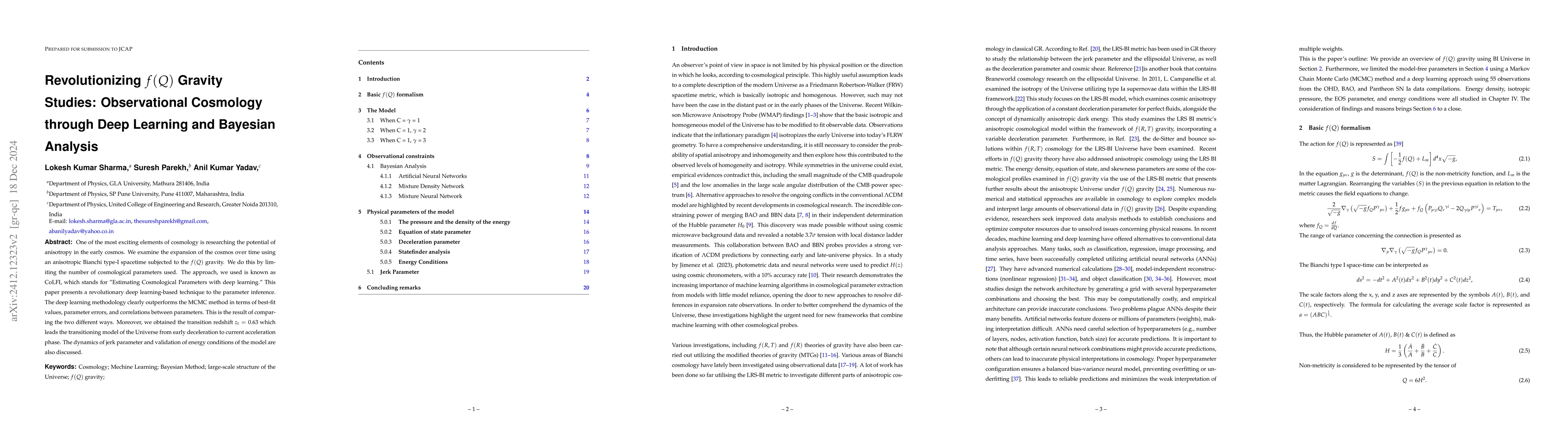 Thumbnail for Revolutionizing $f(Q)$ Gravity Studies: Observational Cosmology through
  Deep Learning and Bayesian Analysis
