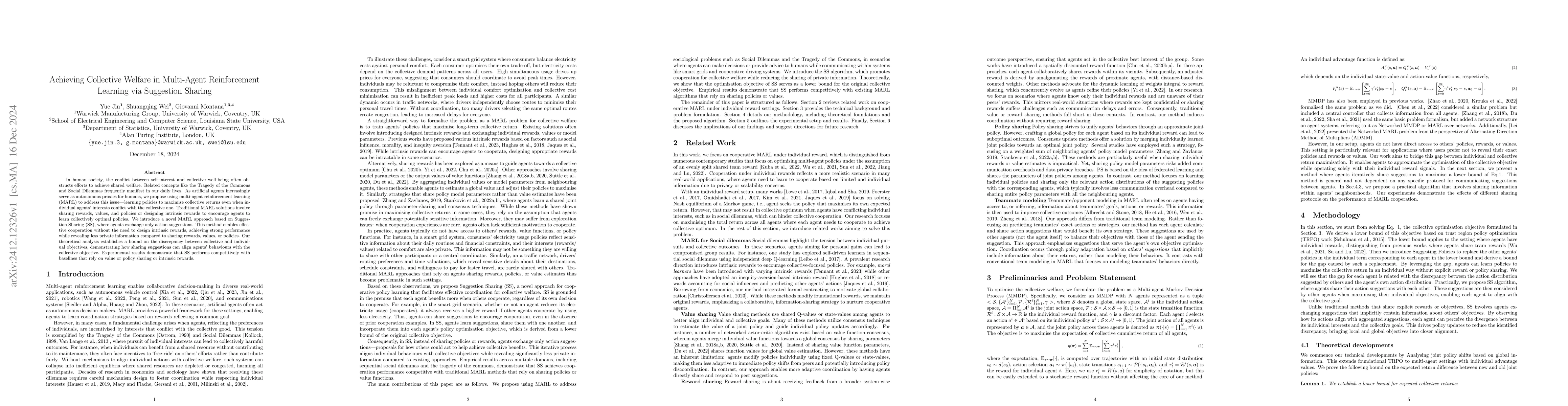 Thumbnail for Achieving Collective Welfare in Multi-Agent Reinforcement Learning via
  Suggestion Sharing