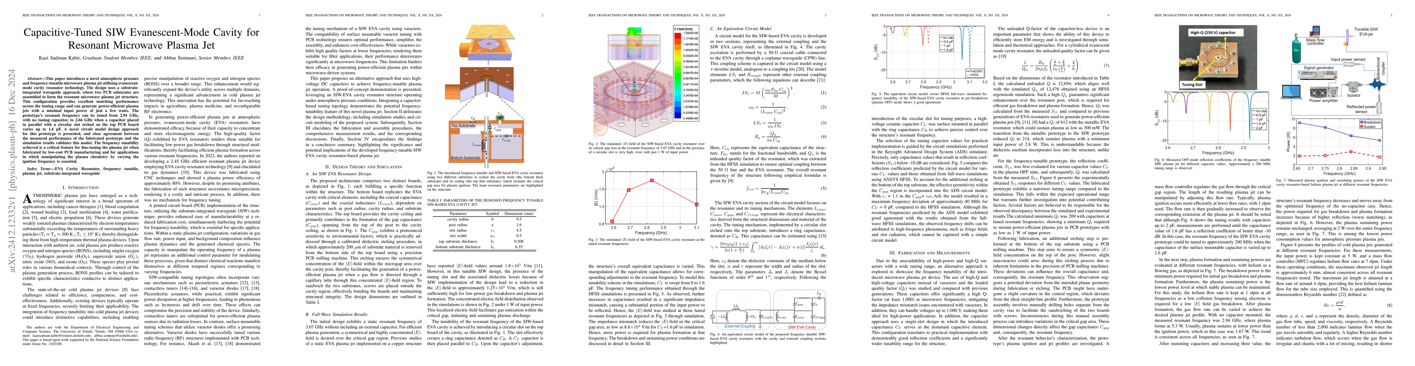 Thumbnail for Capacitive-Tuned SIW Evanescent-Mode Cavity for Resonant Microwave
  Plasma Jet