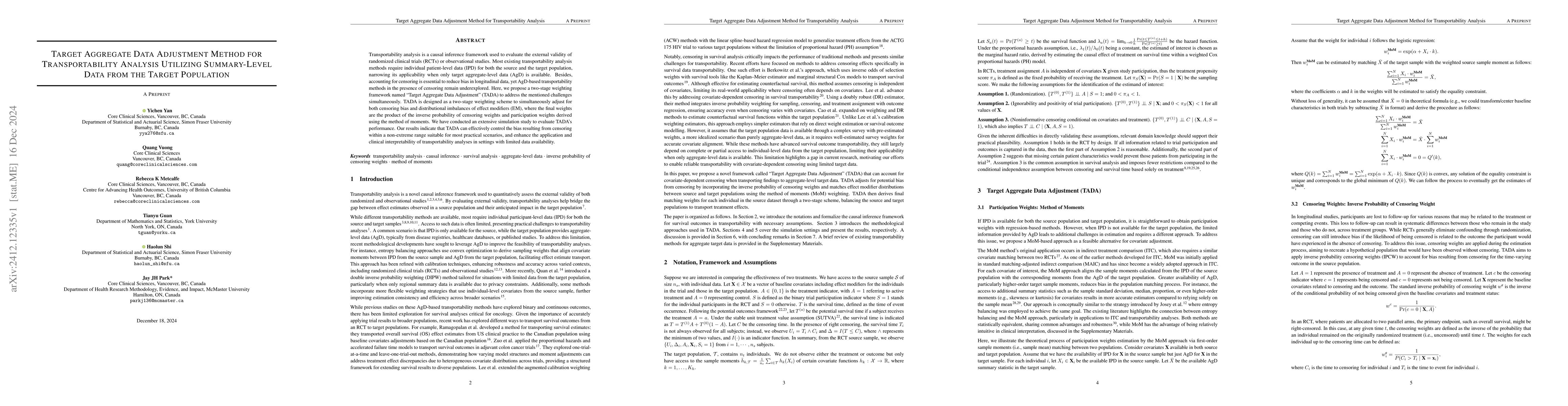 Thumbnail for Target Aggregate Data Adjustment Method for Transportability Analysis
  Utilizing Summary-Level Data from the Target Population