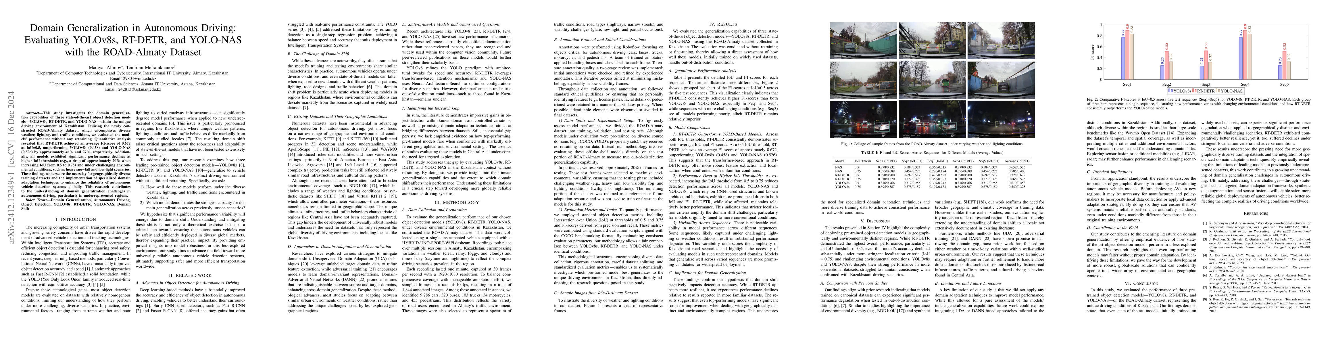 Thumbnail for Domain Generalization in Autonomous Driving: Evaluating YOLOv8s,
  RT-DETR, and YOLO-NAS with the ROAD-Almaty Dataset
