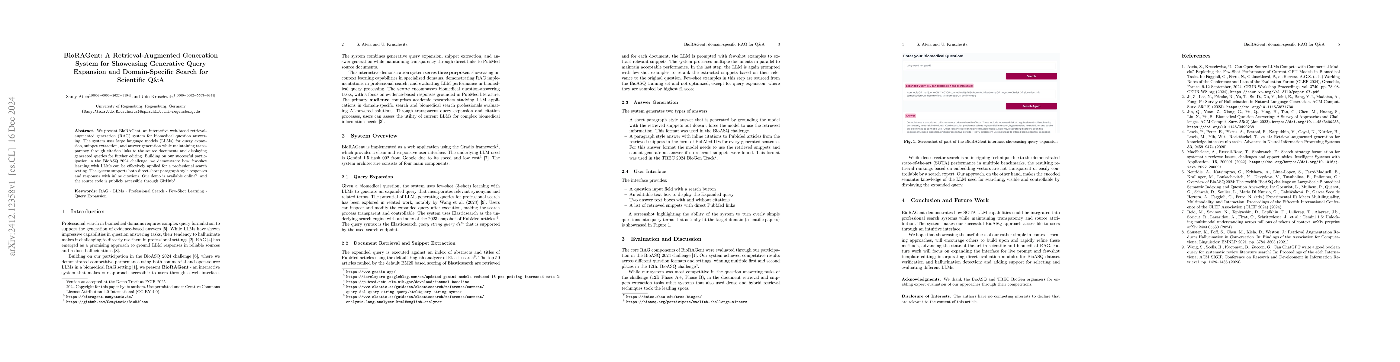 Thumbnail for BioRAGent: A Retrieval-Augmented Generation System for Showcasing
  Generative Query Expansion and Domain-Specific Search for Scientific Q&A