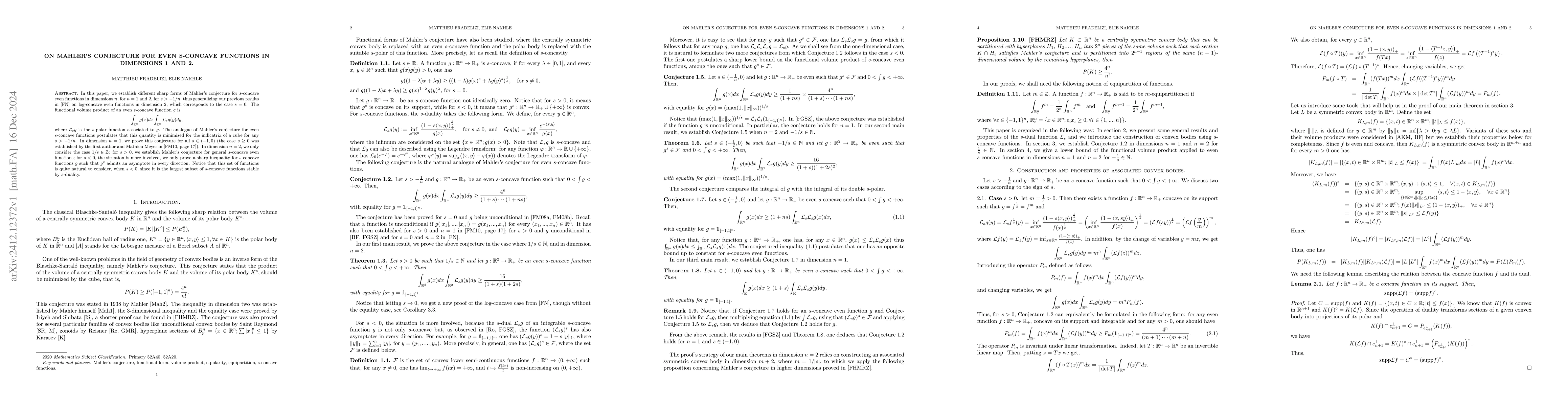Thumbnail for On Mahler's conjecture for even s-concave functions in dimensions 1 and
  2