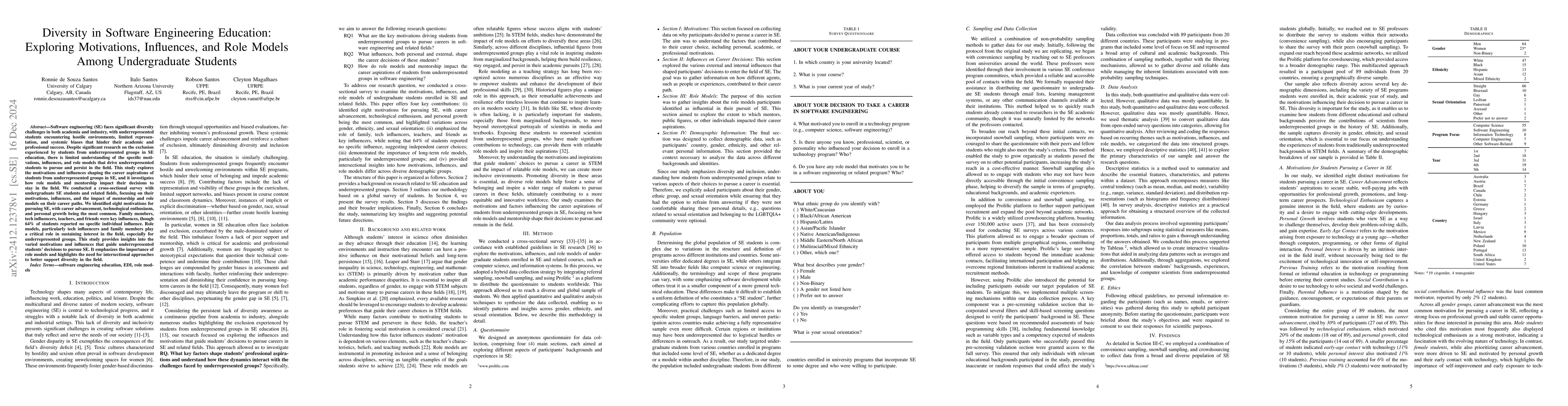 Thumbnail for Diversity in Software Engineering Education: Exploring Motivations,
  Influences, and Role Models Among Undergraduate Students