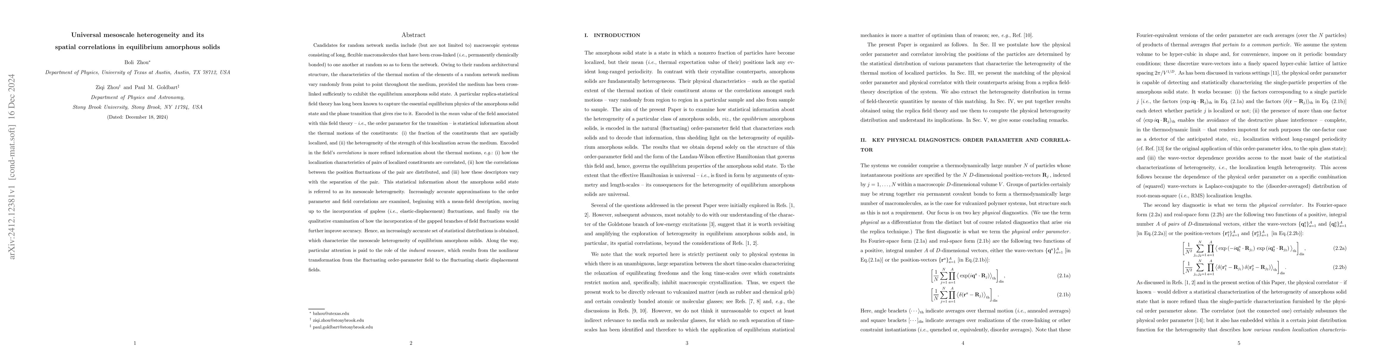 Thumbnail for Universal mesoscale heterogeneity and its spatial correlations in
  equilibrium amorphous solids