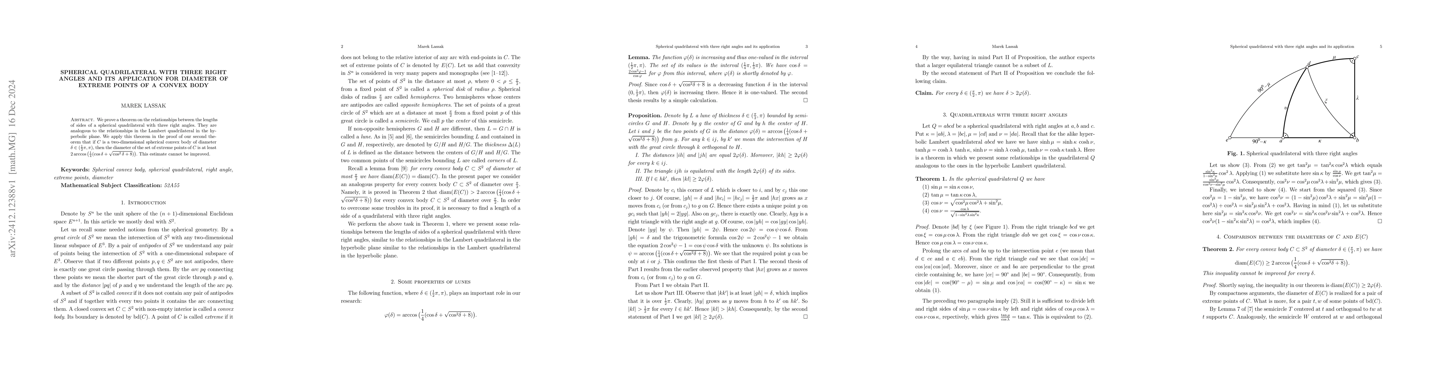 Thumbnail for Spherical quadrilateral with three right angles and its application for
  diameter of extreme points of a convex body
