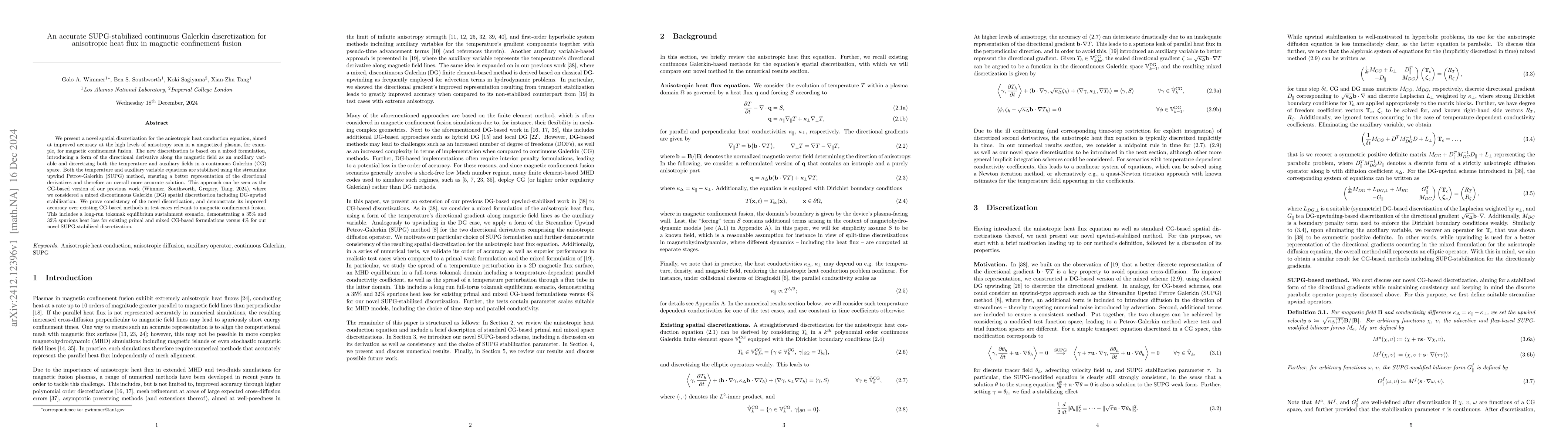 Thumbnail for An accurate SUPG-stabilized continuous Galerkin discretization for
  anisotropic heat flux in magnetic confinement fusion
