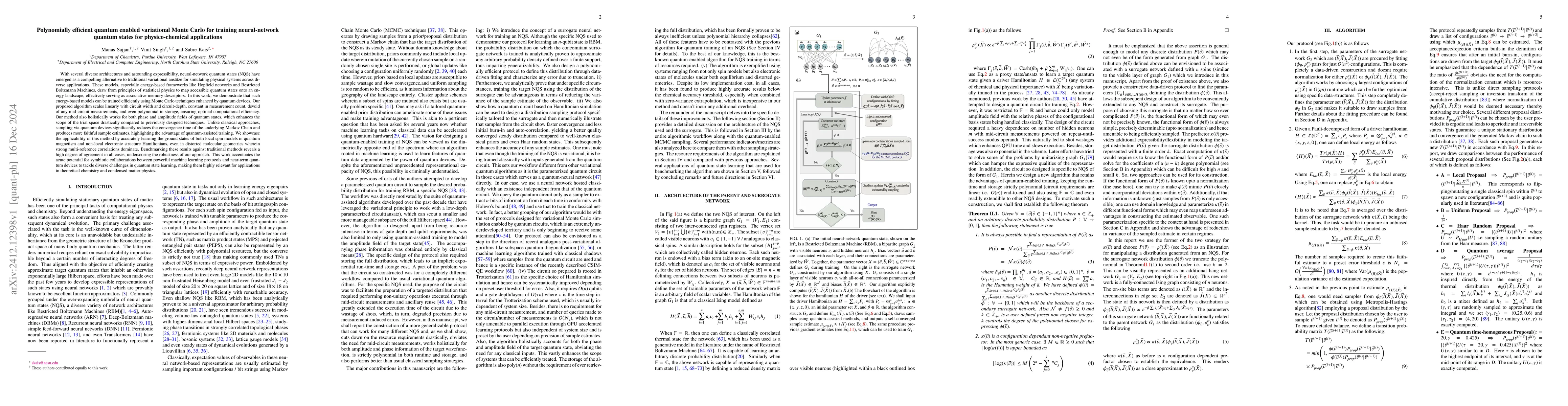 Thumbnail for Polynomially efficient quantum enabled variational Monte Carlo for
  training neural-network quantum states for physico-chemical applications