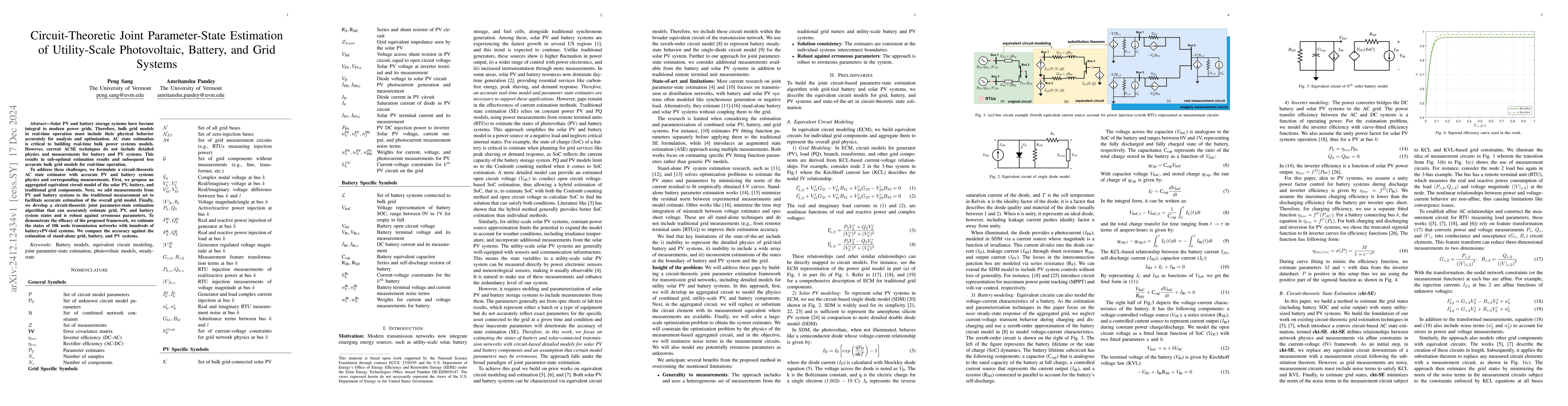 Thumbnail for Circuit-Theoretic Joint Parameter-State Estimation of Utility-Scale
  Photovoltaic, Battery, and Grid Systems