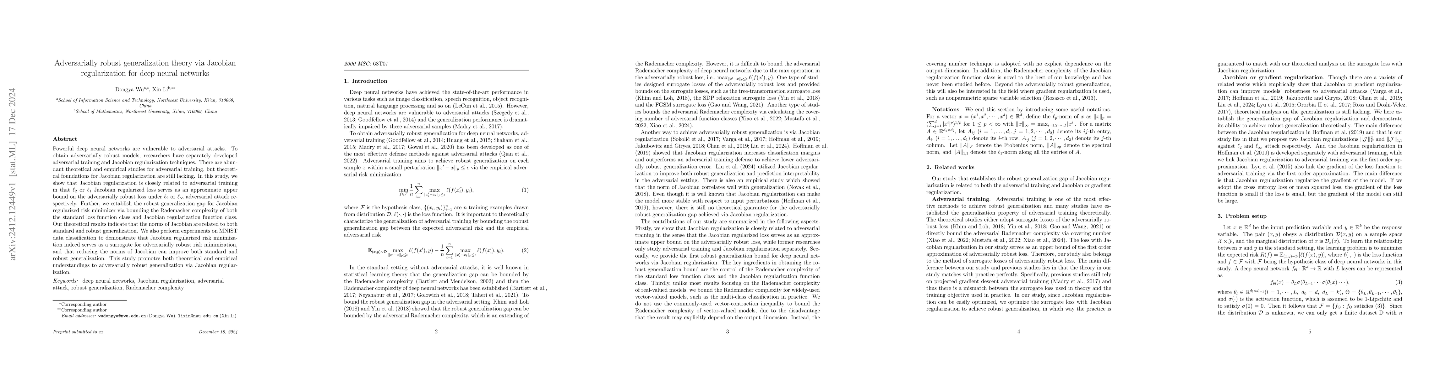 Thumbnail for Adversarially robust generalization theory via Jacobian regularization
  for deep neural networks