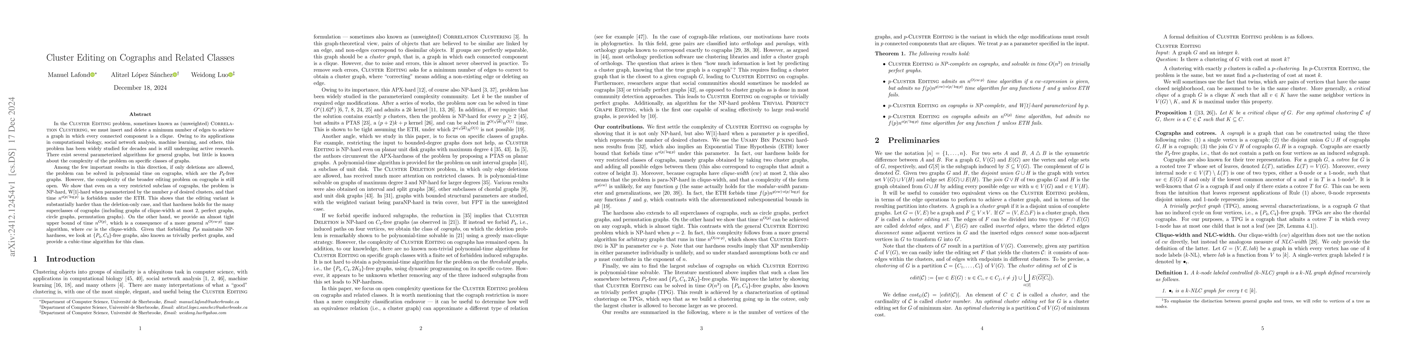 Thumbnail for Cluster Editing on Cographs and Related Classes
