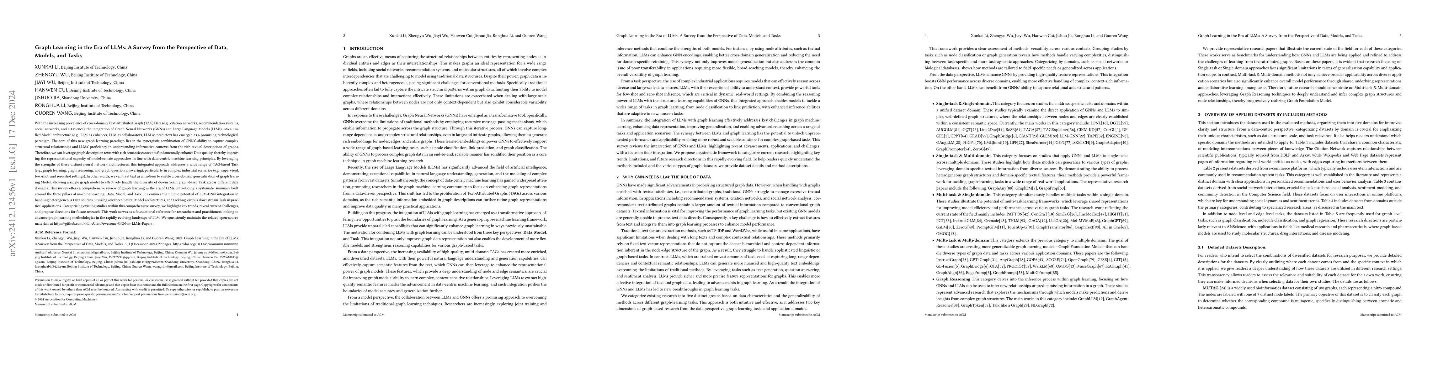 Thumbnail for Graph Learning in the Era of LLMs: A Survey from the Perspective of
  Data, Models, and Tasks