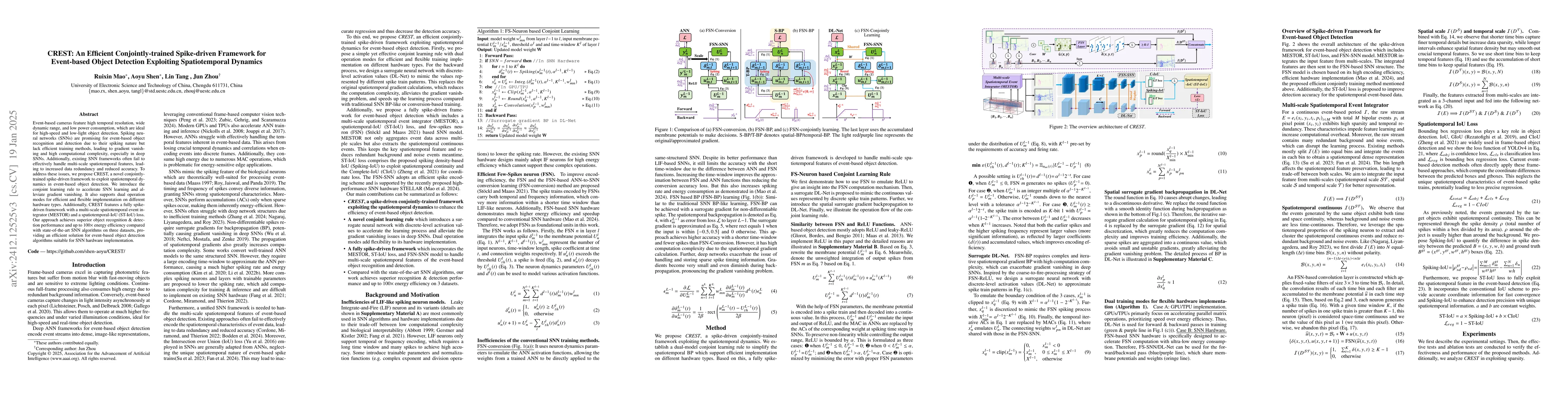 Thumbnail for CREST: An Efficient Conjointly-trained Spike-driven Framework for
  Event-based Object Detection Exploiting Spatiotemporal Dynamics