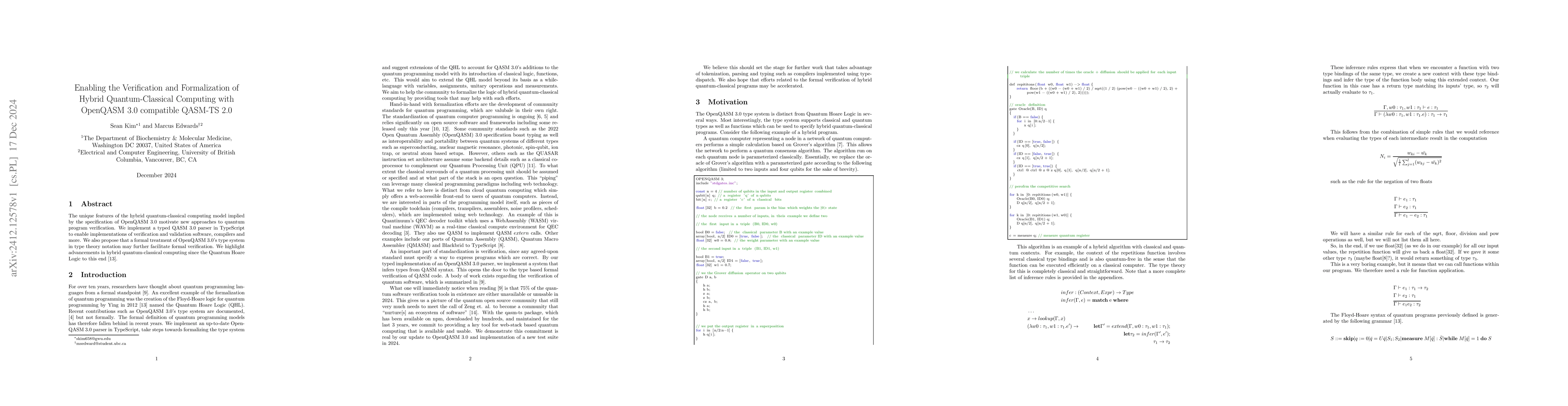 Thumbnail for Enabling the Verification and Formalization of Hybrid Quantum-Classical
  Computing with OpenQASM 3.0 compatible QASM-TS 2.0