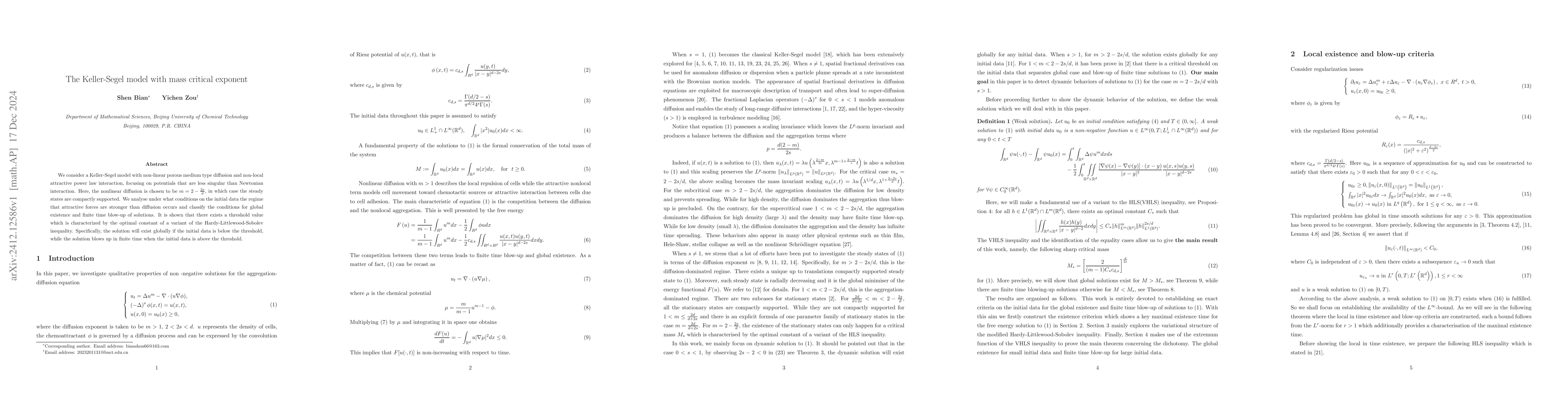 Thumbnail for The Keller-Segel model with mass critical exponent