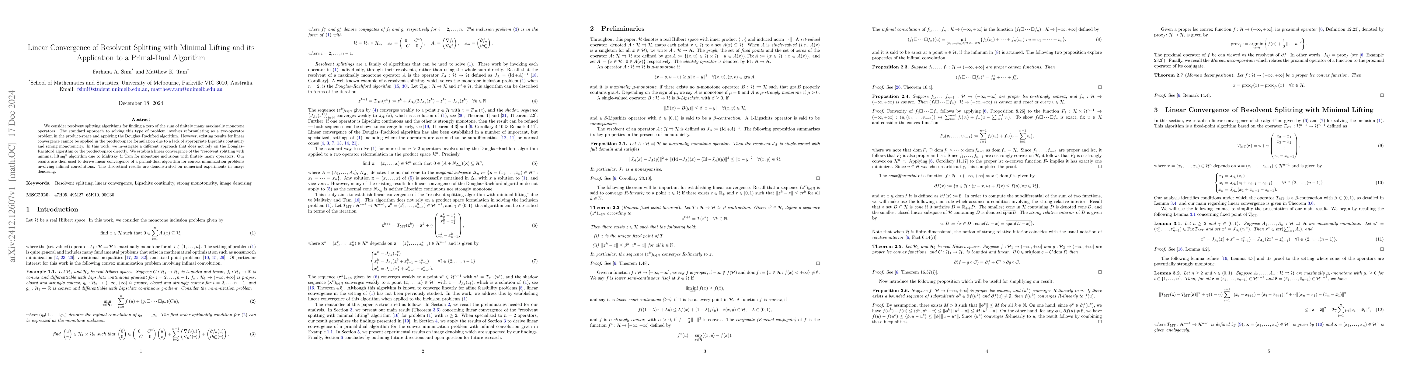 Thumbnail for Linear Convergence of Resolvent Splitting with Minimal Lifting and its
  Application to a Primal-Dual Algorithm
