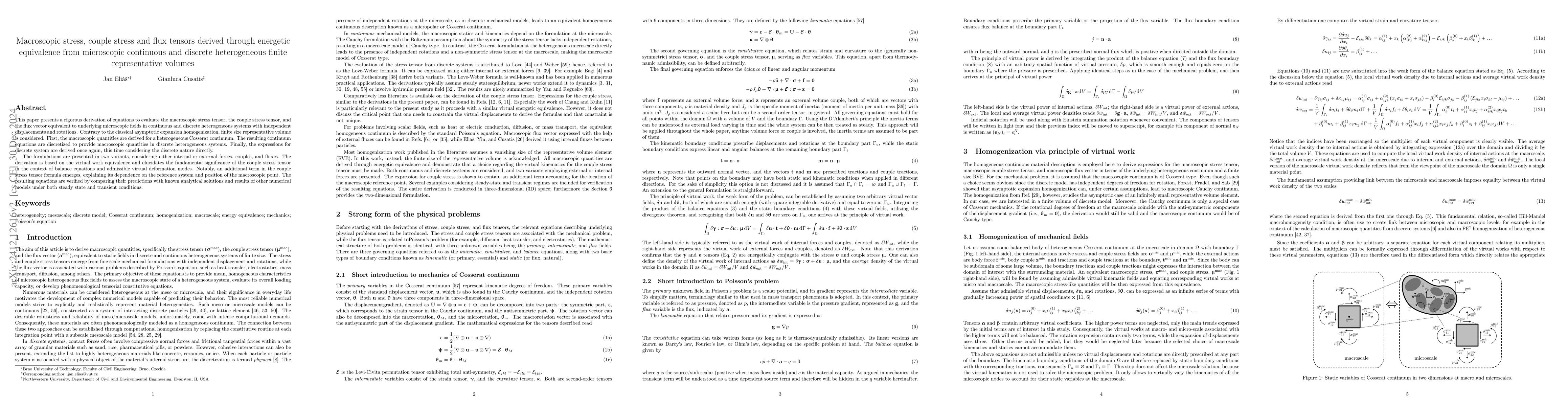 Thumbnail for Macroscopic stress, couple stress and flux tensors derived through
  energetic equivalence from microscopic continuous and discrete heterogeneous
  finite representative volumes