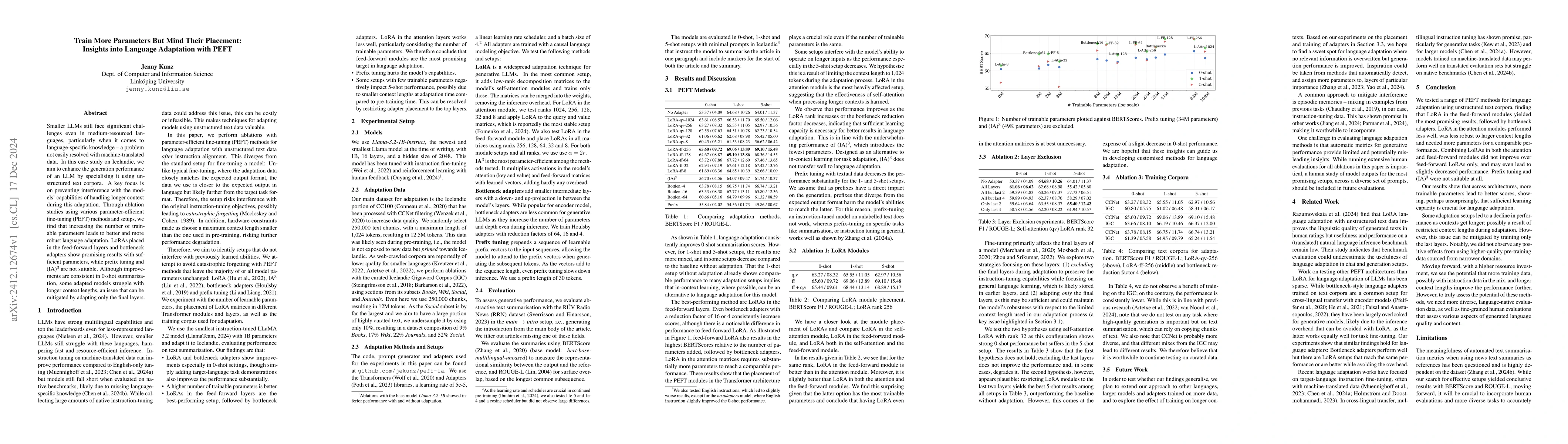 Thumbnail for Train More Parameters But Mind Their Placement: Insights into Language
  Adaptation with PEFT
