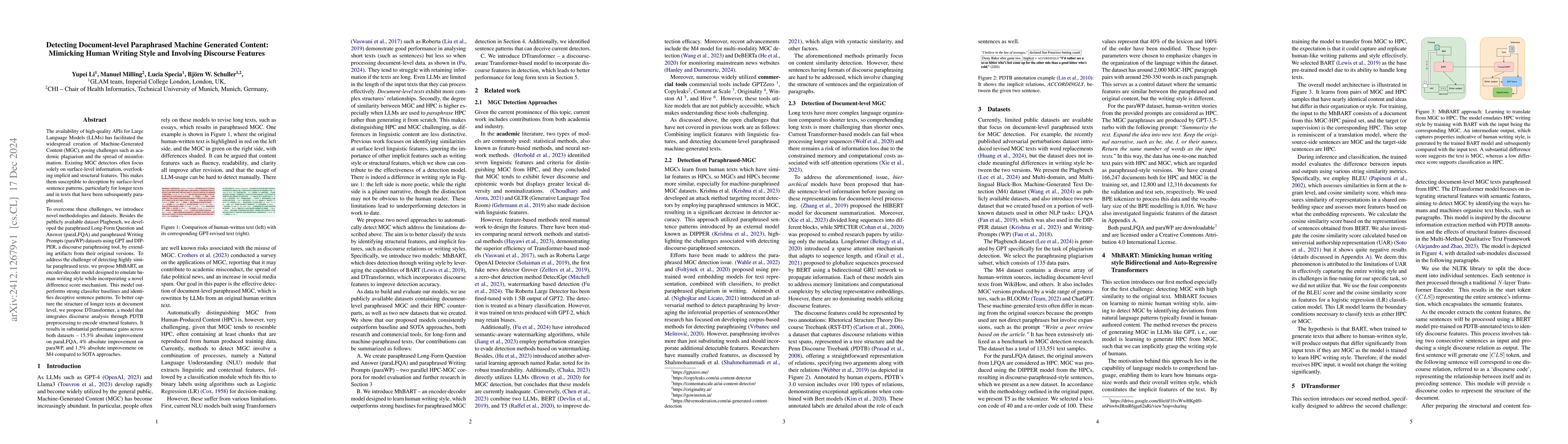 Thumbnail for Detecting Document-level Paraphrased Machine Generated Content:
  Mimicking Human Writing Style and Involving Discourse Features