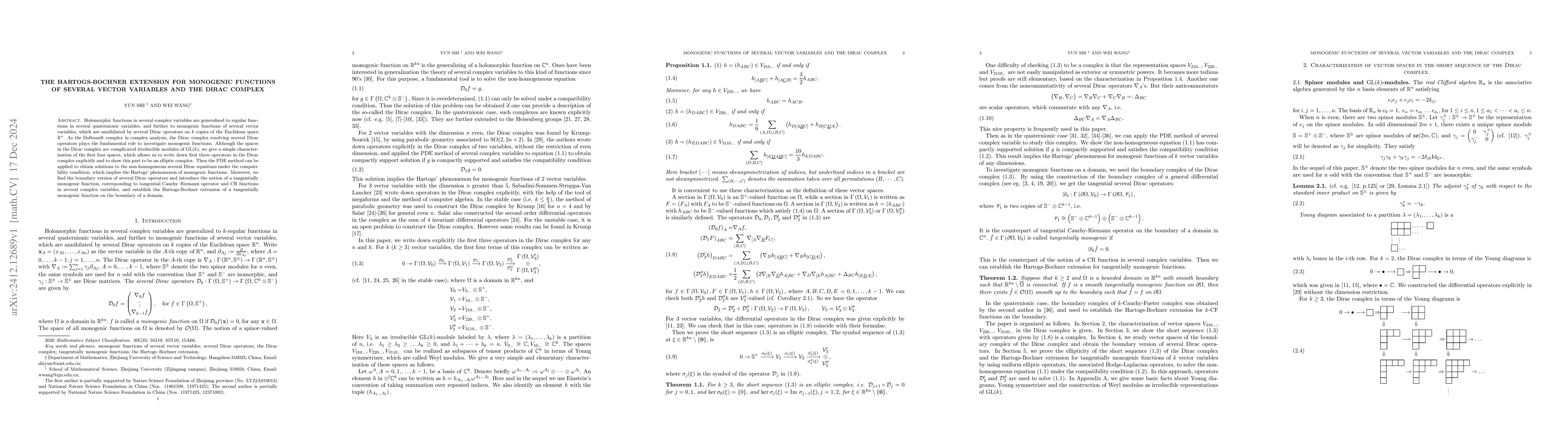 Thumbnail for The Hartogs-Bochner extension for monogenic functions of several vector
  variables and the Dirac complex