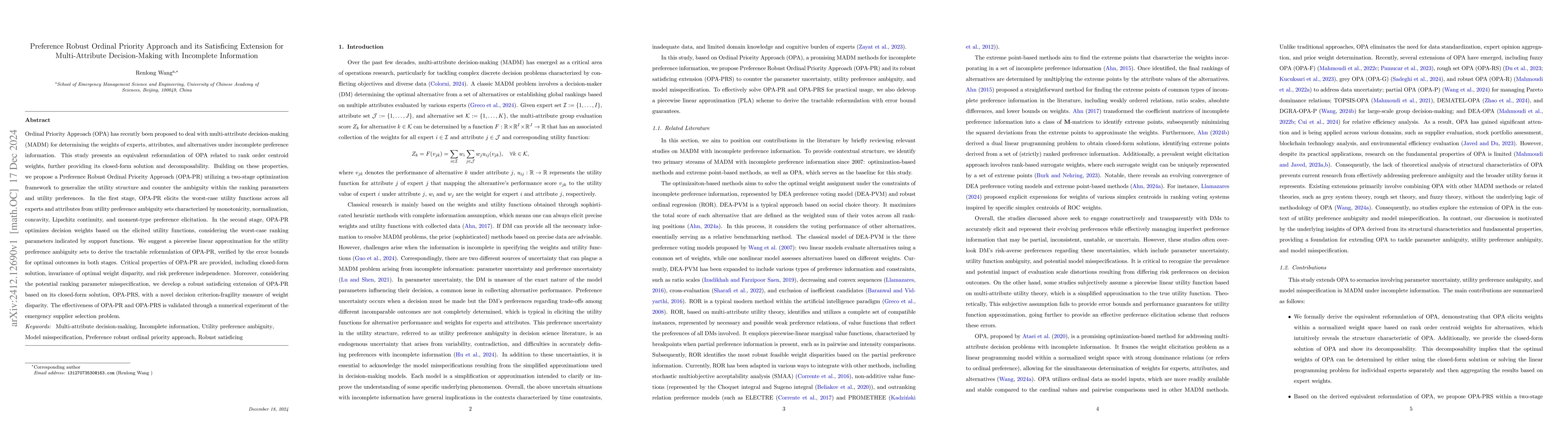 Thumbnail for Preference Robust Ordinal Priority Approach and its Satisficing
  Extension for Multi-Attribute Decision-Making with Incomplete Information