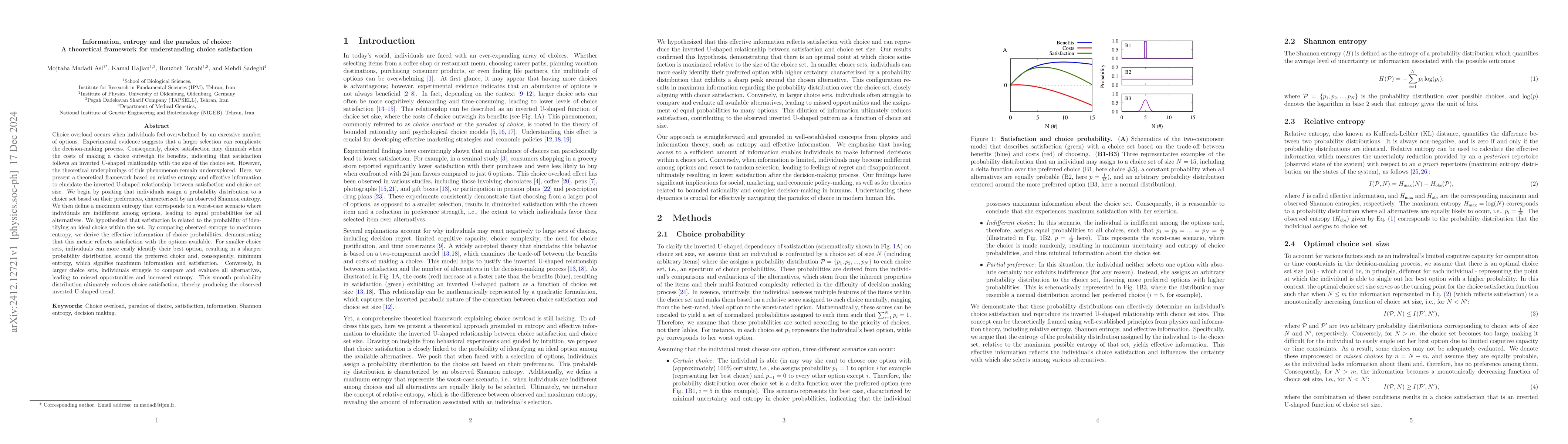 Thumbnail for Information, entropy and the paradox of choice: A theoretical framework
  for understanding choice satisfaction