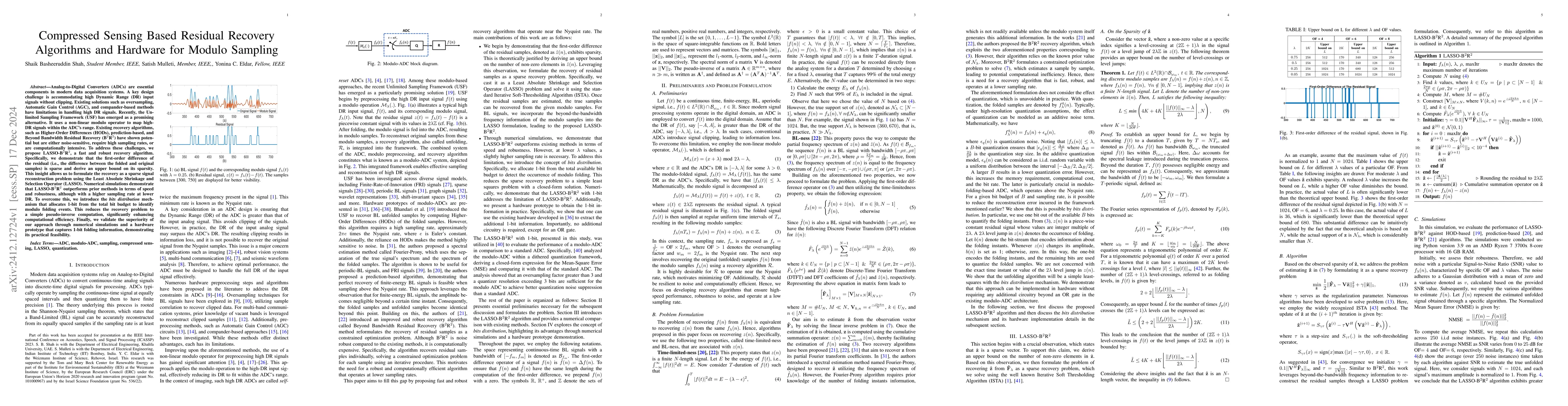 Thumbnail for Compressed Sensing Based Residual Recovery Algorithms and Hardware for
  Modulo Sampling