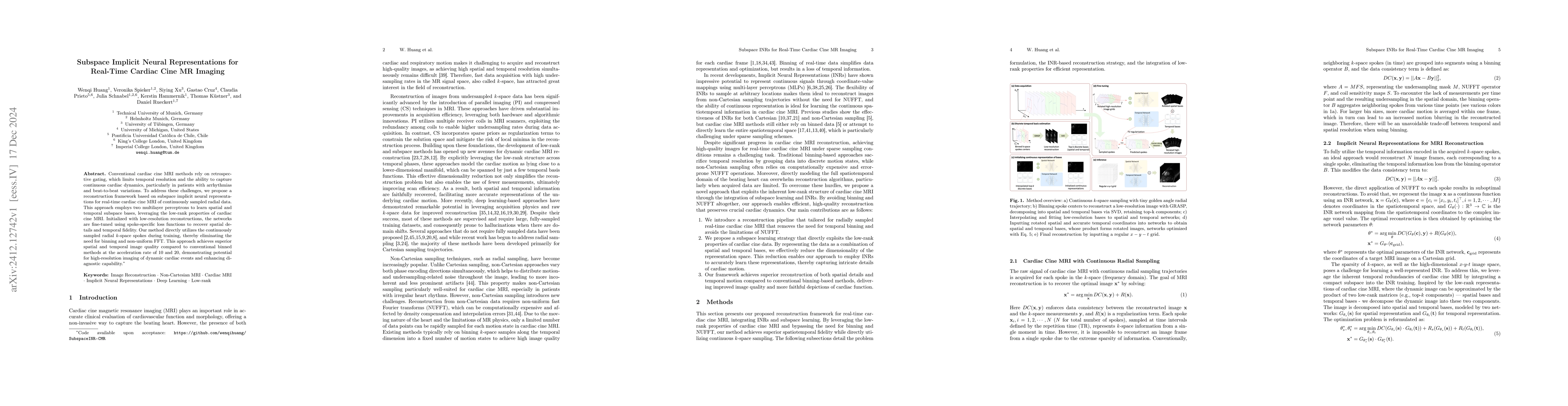 Thumbnail for Subspace Implicit Neural Representations for Real-Time Cardiac Cine MR
  Imaging