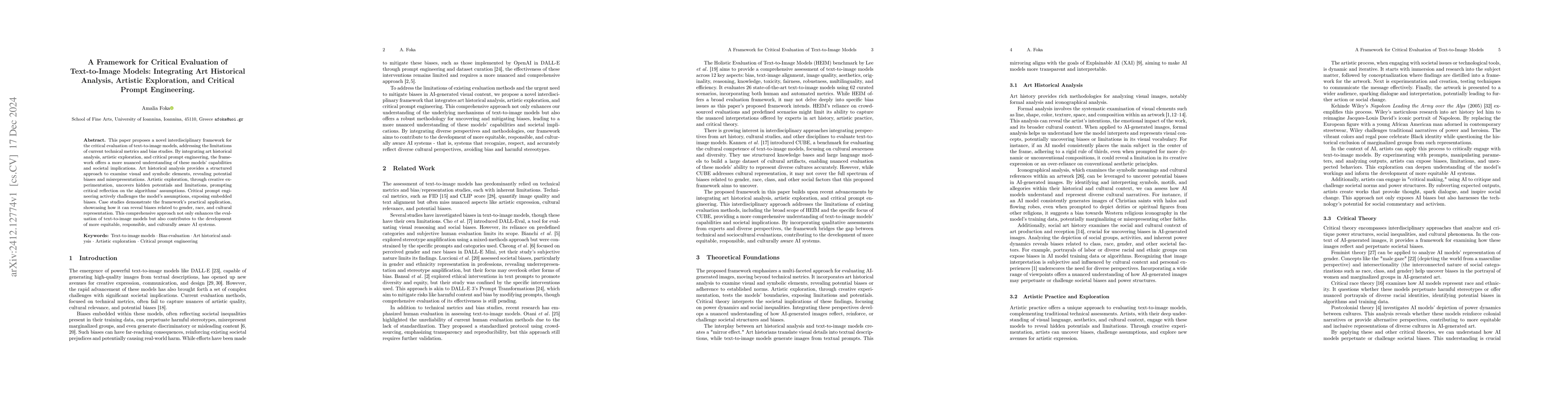 Thumbnail for A Framework for Critical Evaluation of Text-to-Image Models: Integrating
  Art Historical Analysis, Artistic Exploration, and Critical Prompt
  Engineering