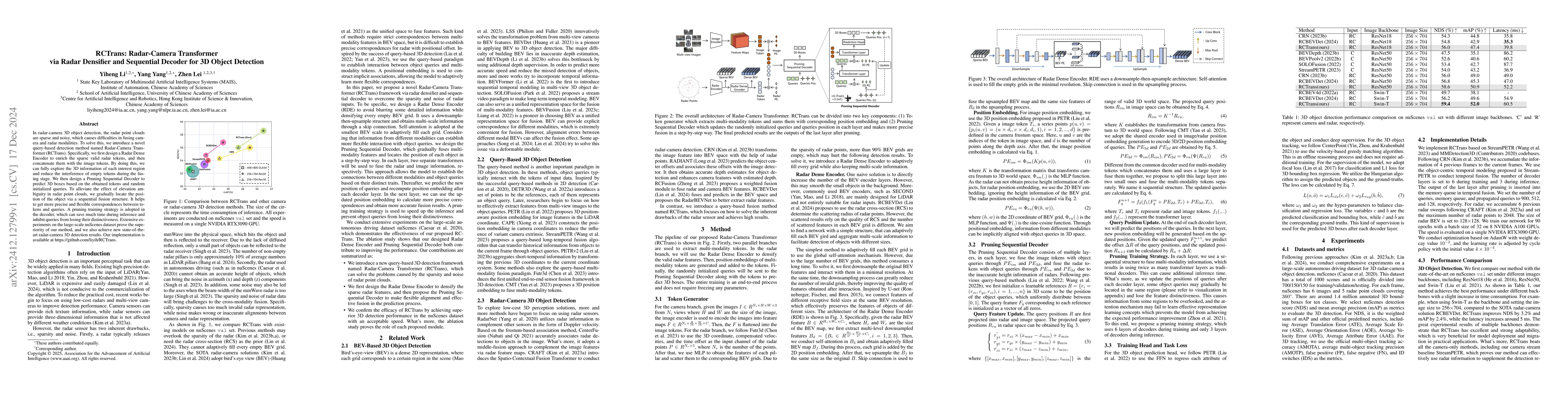 Thumbnail for RCTrans: Radar-Camera Transformer via Radar Densifier and Sequential
  Decoder for 3D Object Detection