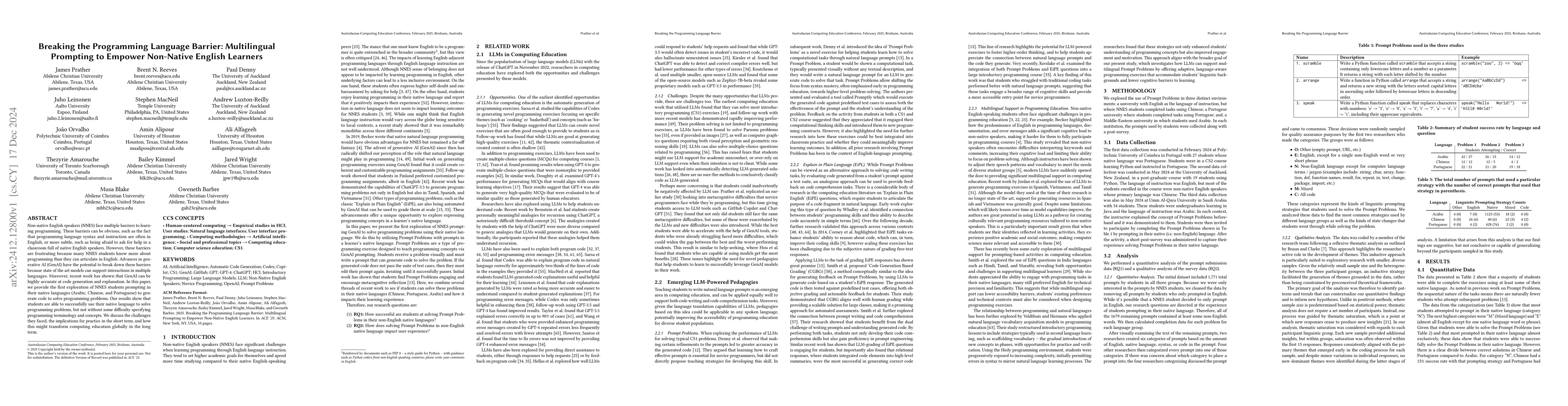 Thumbnail for Breaking the Programming Language Barrier: Multilingual Prompting to
  Empower Non-Native English Learners