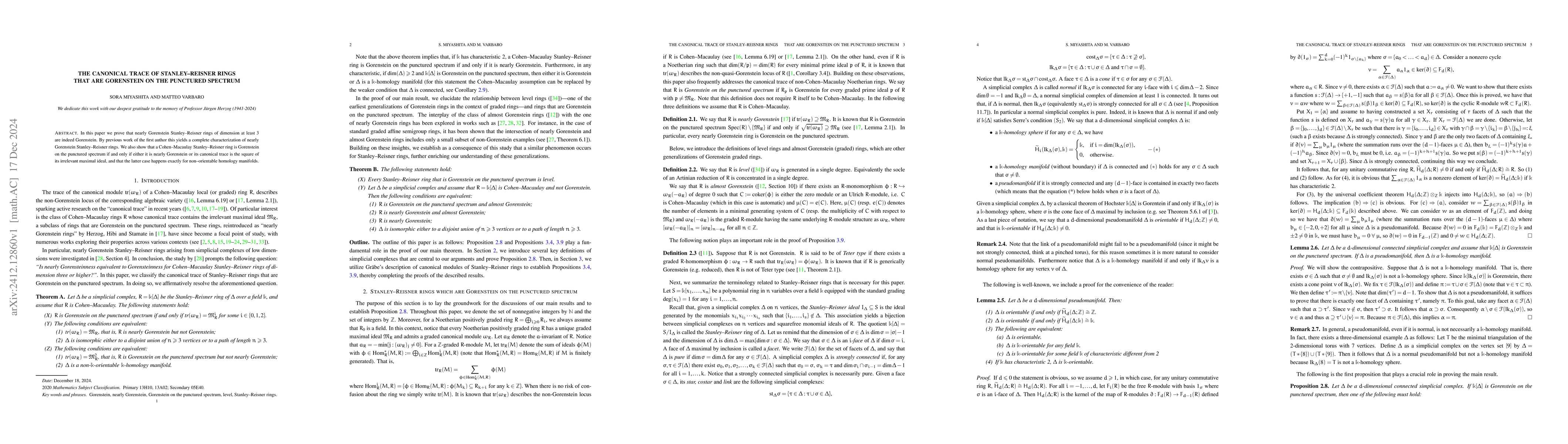 Thumbnail for The canonical trace of Stanley-Reisner rings that are Gorenstein on the
  punctured spectrum