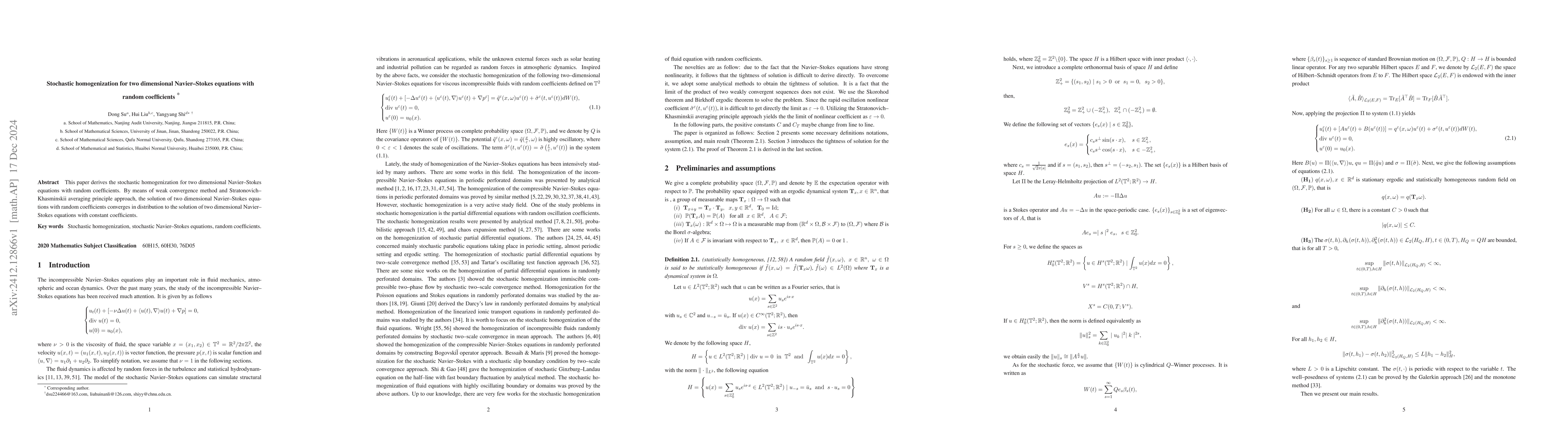 Thumbnail for Stochastic homogenization for two dimensional Navier--Stokes equations
  with random coefficients