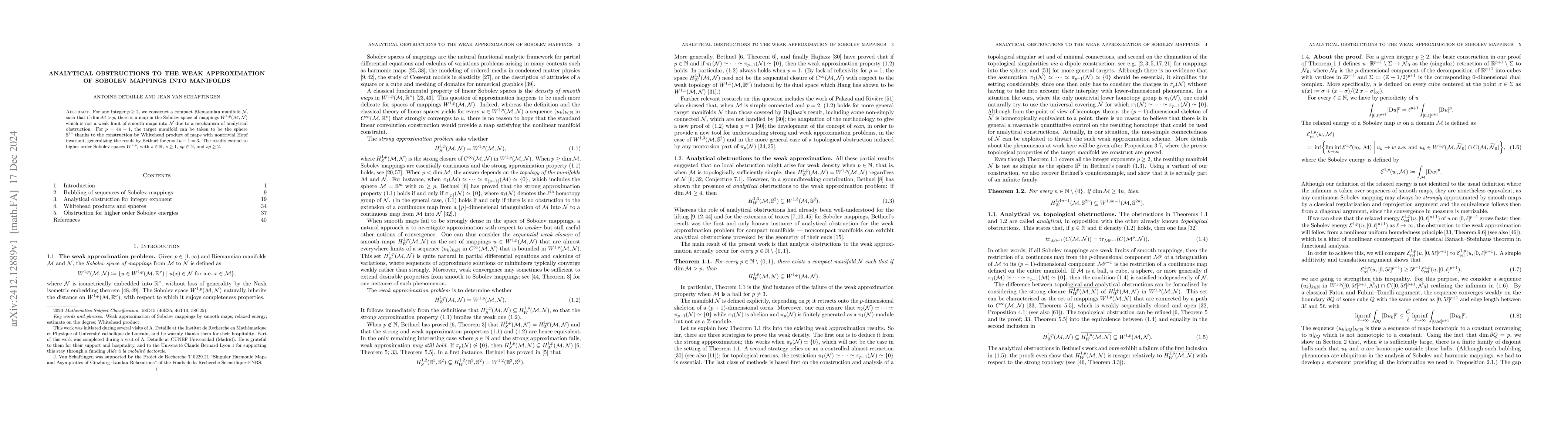 Thumbnail for Analytical obstructions to the weak approximation of Sobolev mappings
  into manifolds