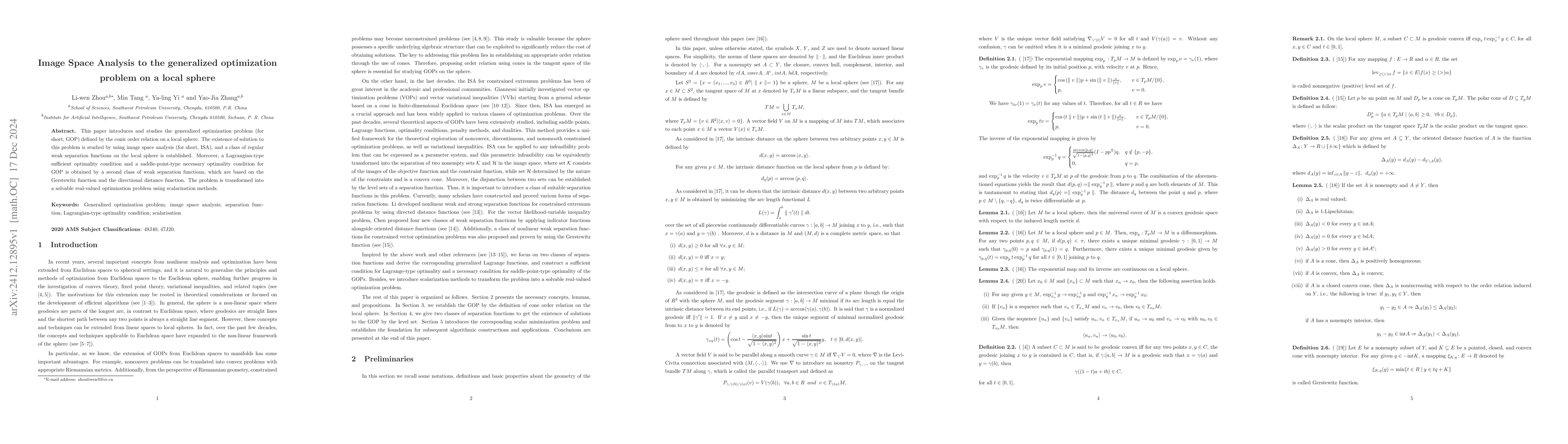 Thumbnail for Image Space Analysis to the generalized optimization problem on a local
  sphere