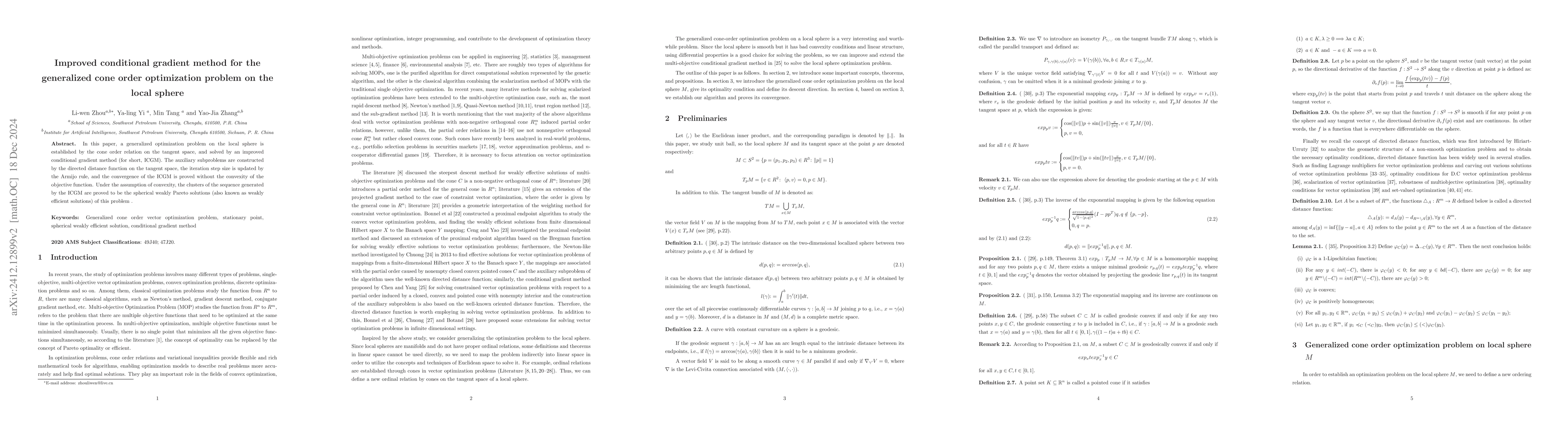 Thumbnail for Improved conditional gradient method for the generalized cone order
  optimization problem on the local sphere