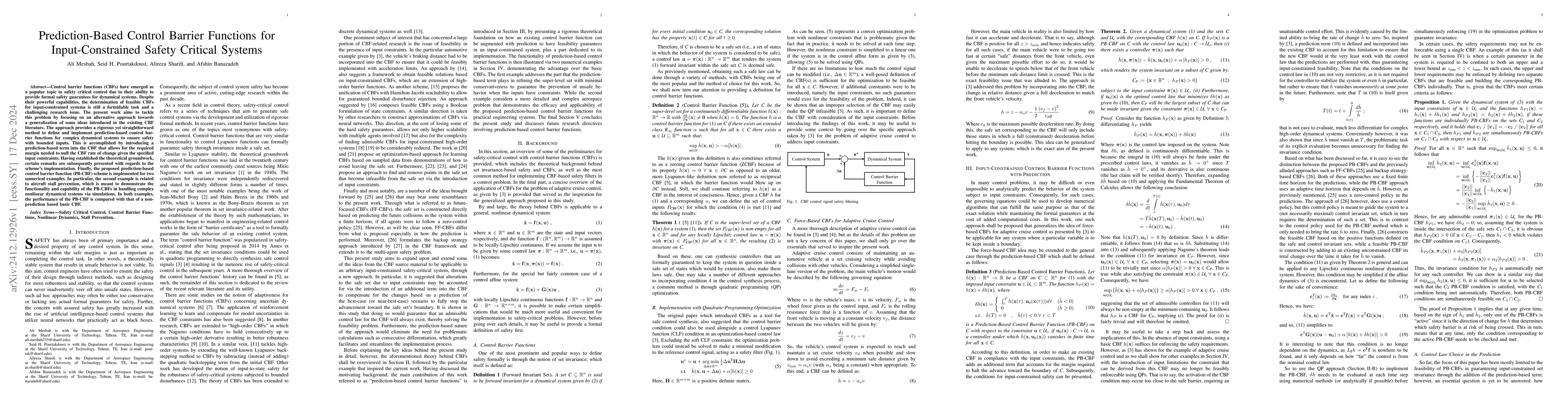 Thumbnail for Prediction-Based Control Barrier Functions for Input-Constrained Safety
  Critical Systems