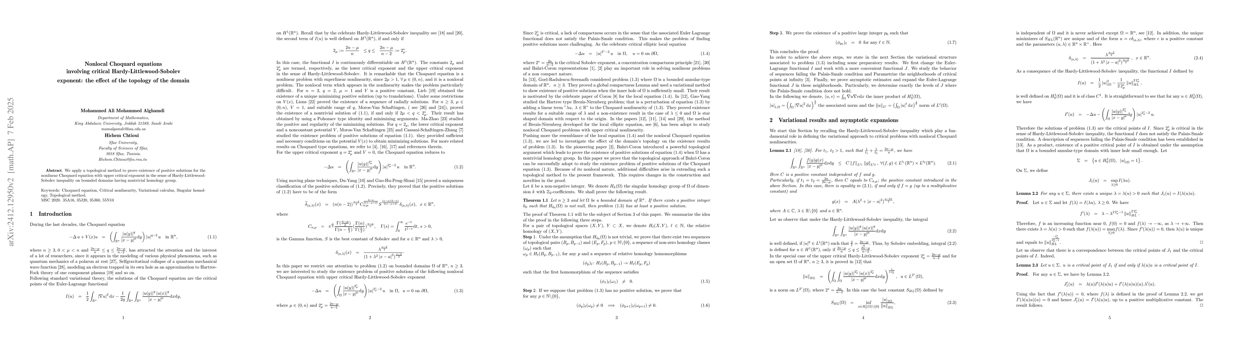 Thumbnail for Nonlocal Choquard equations involving critical Hardy-Littlewood-Sobolev
  exponent: the effect of the topology of the domain