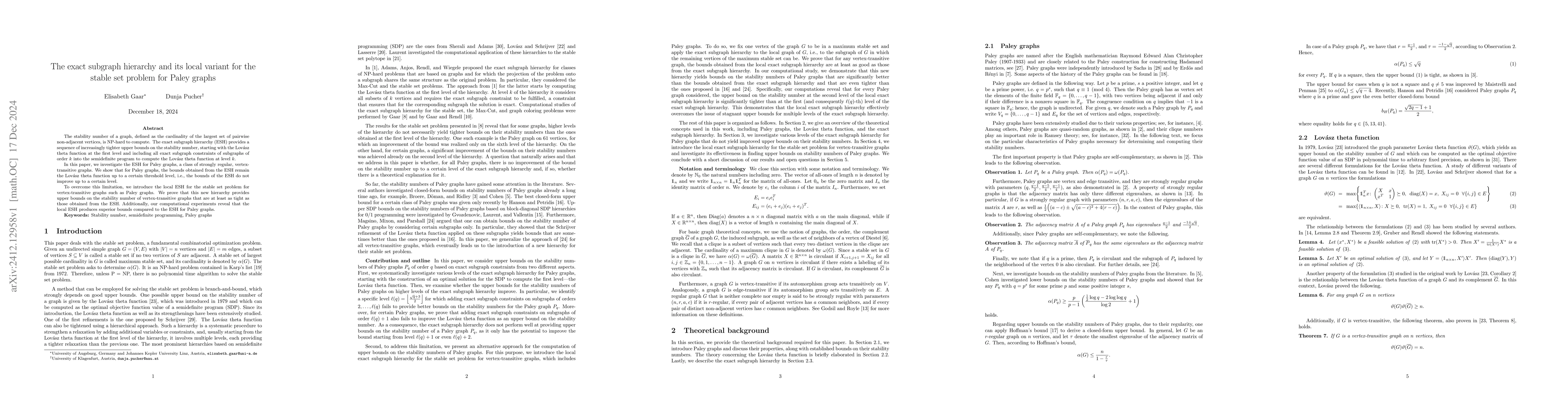 Thumbnail for The exact subgraph hierarchy and its local variant for the stable set
  problem for Paley graphs