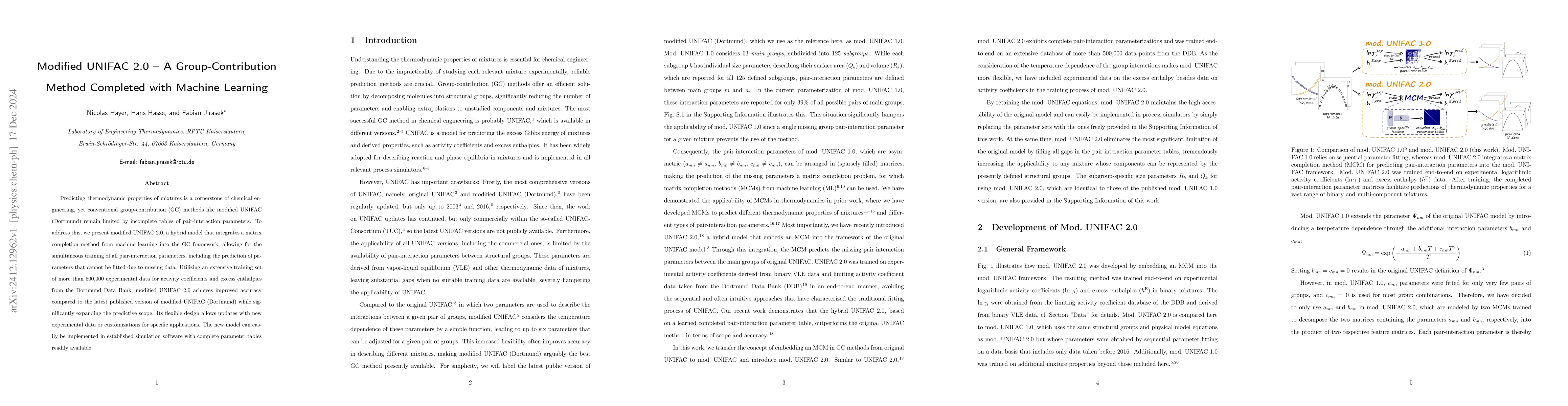 Thumbnail for Modified UNIFAC 2.0 -- A Group-Contribution Method Completed with
  Machine Learning