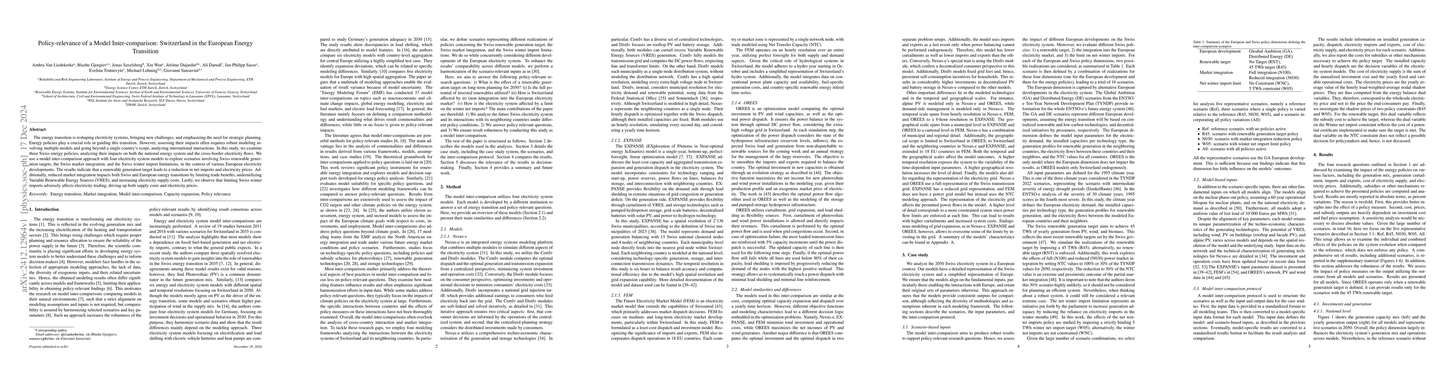 Thumbnail for Policy-relevance of a Model Inter-comparison: Switzerland in the
  European Energy Transition