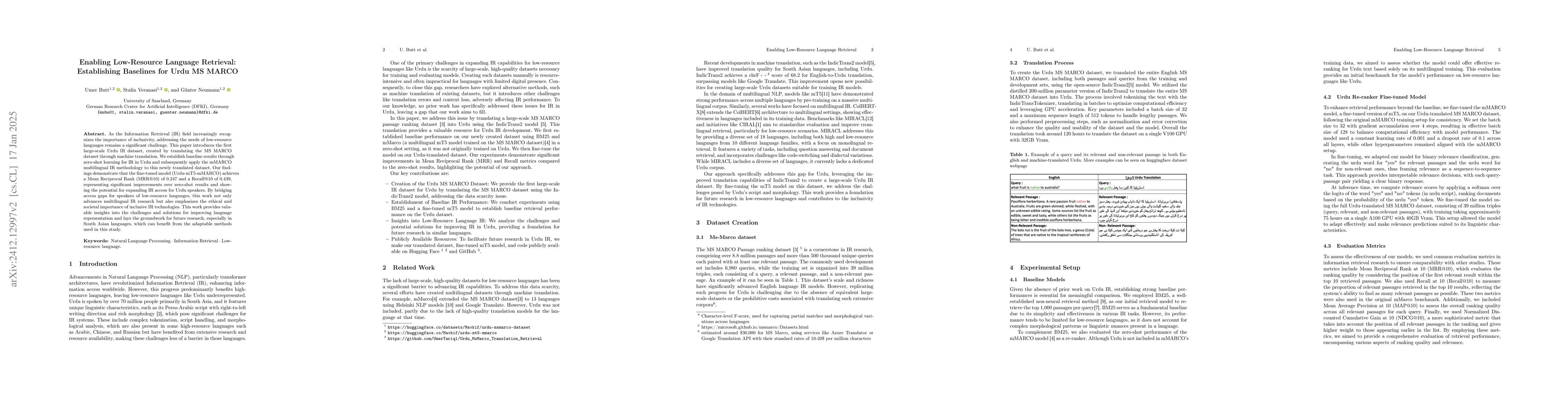 Thumbnail for Enabling Low-Resource Language Retrieval: Establishing Baselines for
  Urdu MS MARCO