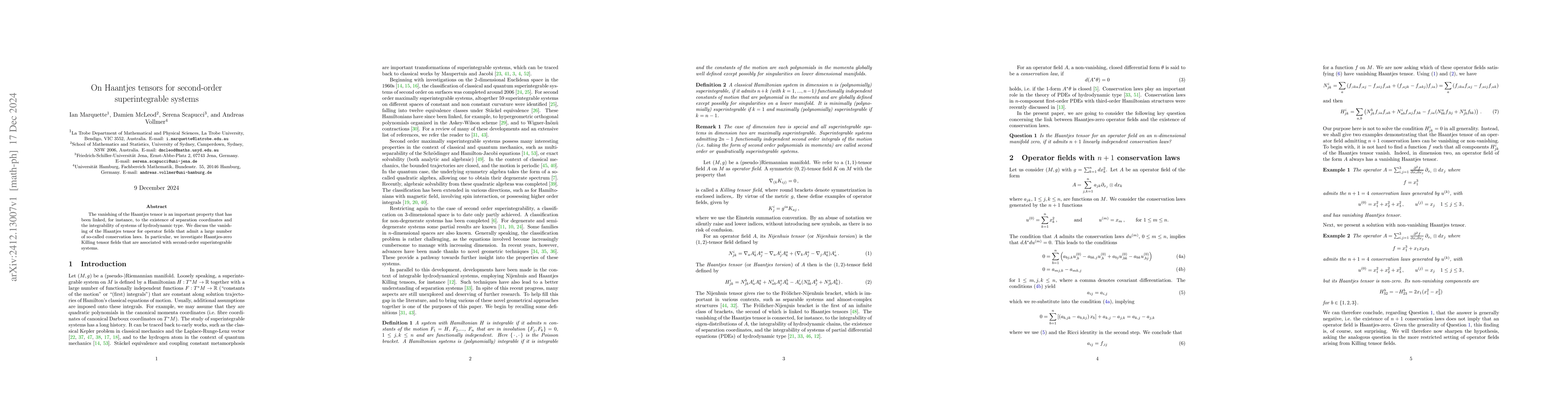 Thumbnail for On Haantjes tensors for second-order superintegrable systems